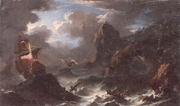A coastal landscape with shipping in a storm,figures shipwrecked in the foreground, unknow artist